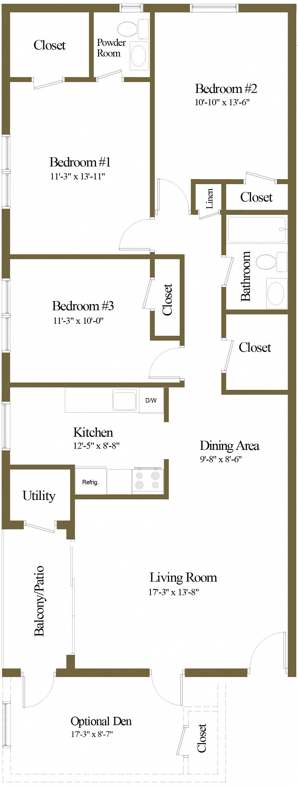 Floor plan for 3 beds, 1.5 baths, 1074 sqft